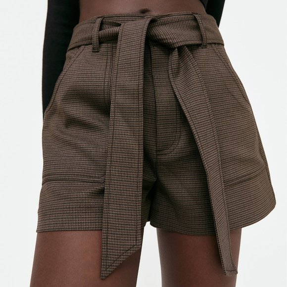 NEW Zara Houndstooth Checker Plaid High Waist Self Tie Belt Shorts Dark Brown S - Picture 6 of 10